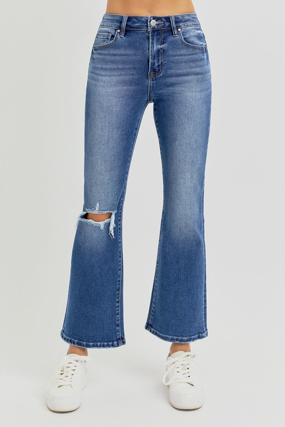 RISEN - Full Size Distressed High Rise Crop Flare Jeans
