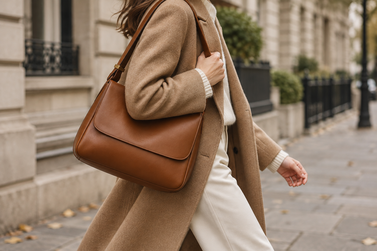 Editorial fall street shot of a cognac leather shoulder bag worn with a camel coat