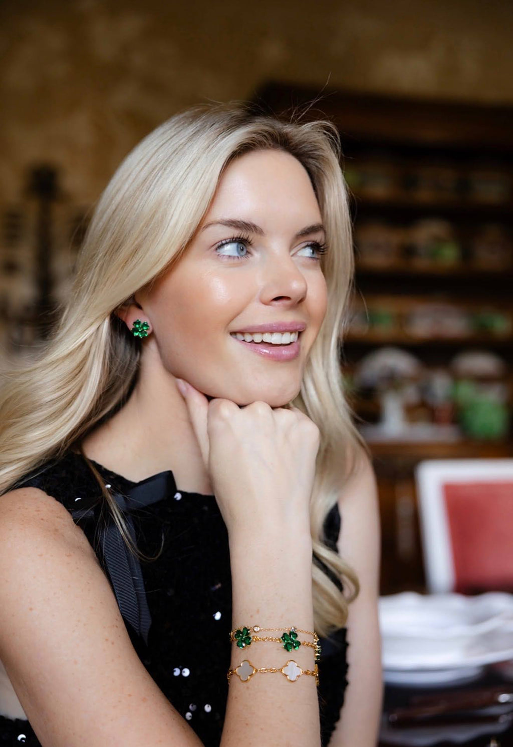 Elle- Mother of pearl Clover Adjustable Bracelet 18k Gold Plated-Darby Clark Collection