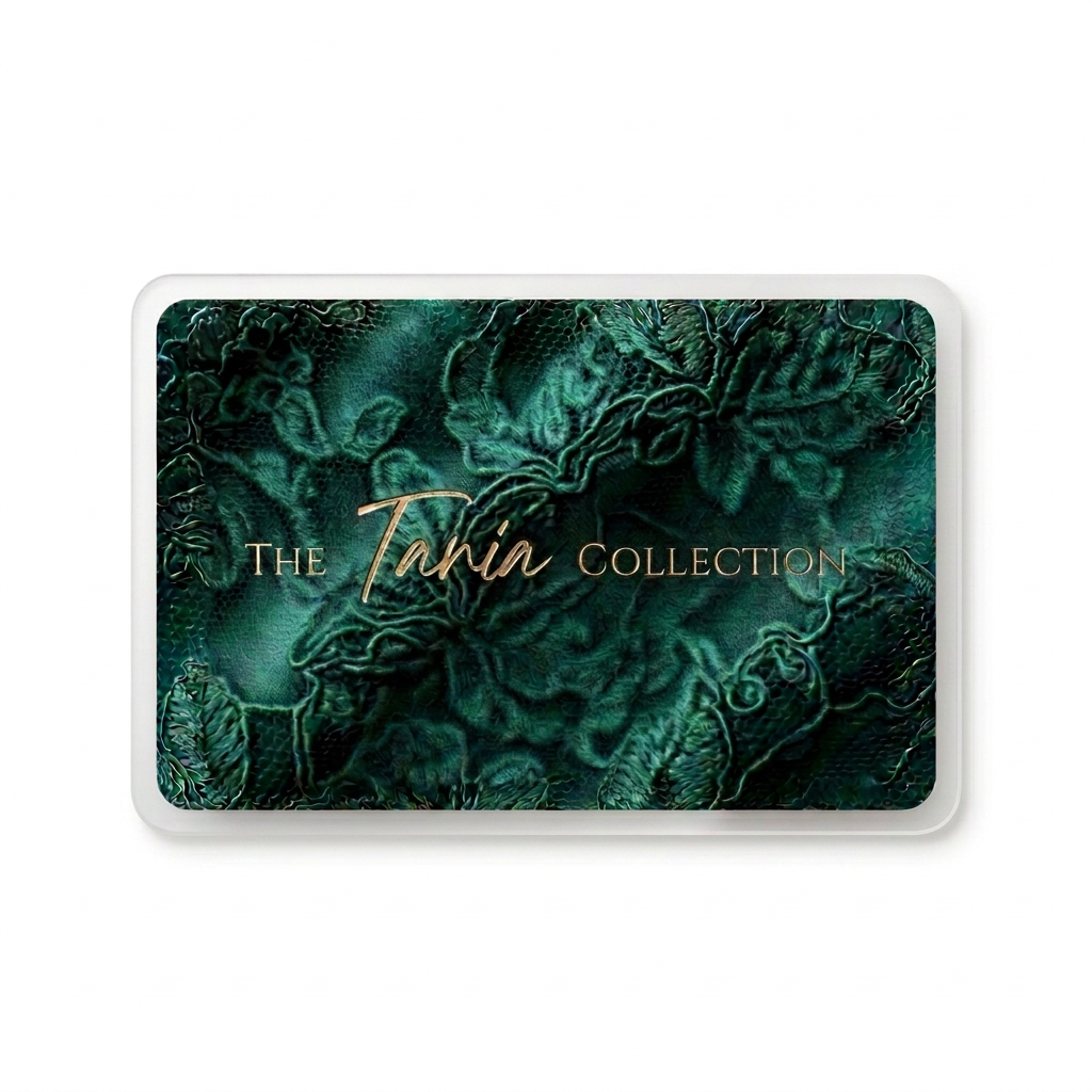 Emerald gift card with clearer botanical fabric detail