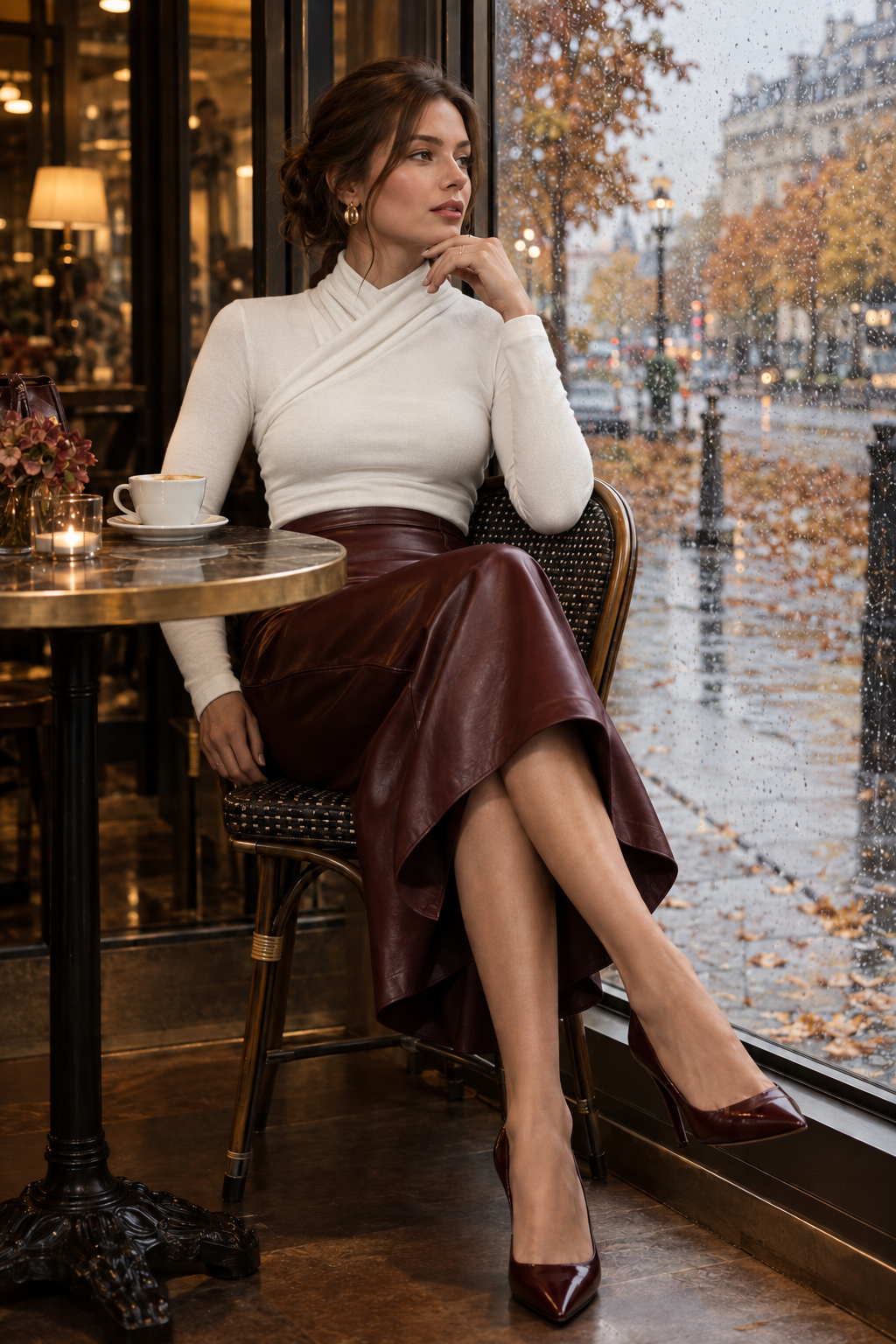 Fashion model wearing the referenced top with a burgundy leather skirt in the same warm rainy café scene
