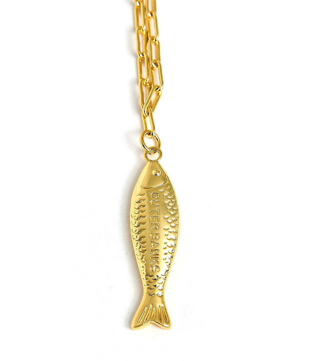 Fish - Beach Town - Small Paper Clip Chain Necklace - 18k Gold Plated 18 Inches