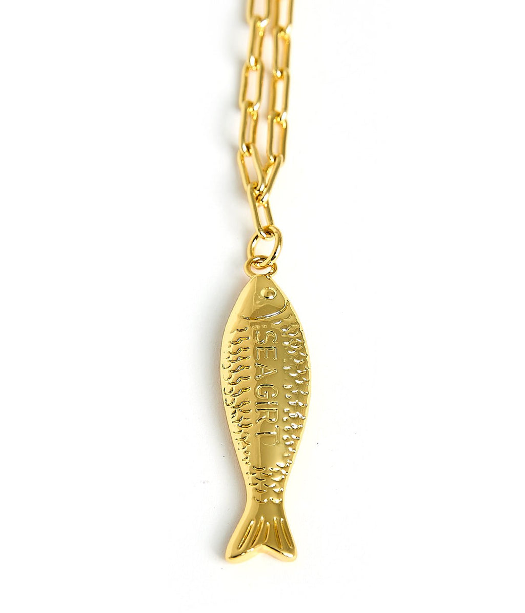 Fish - Beach Town - Small Paper Clip Chain Necklace - 18k Gold Plated 18 Inches