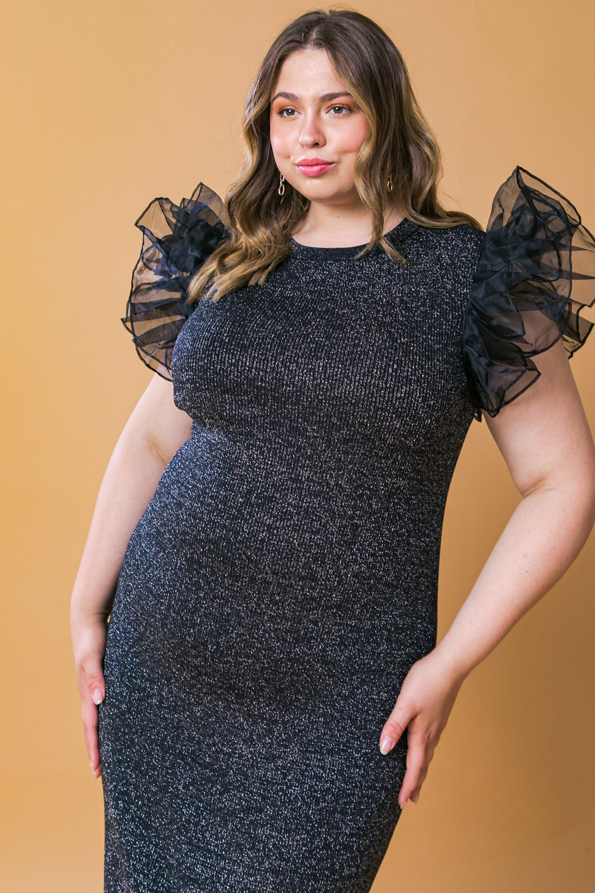 VOLUMINOUS POWER METALLIC MIDI DRESS