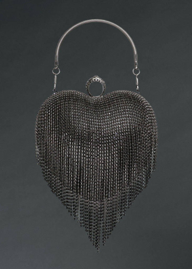 Rhinestone Fringe Heart Clutch Goth Purse