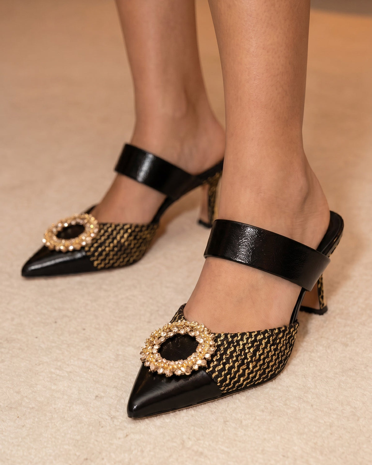Valencia Black & Gold Jewel Heel Mule Sandal
