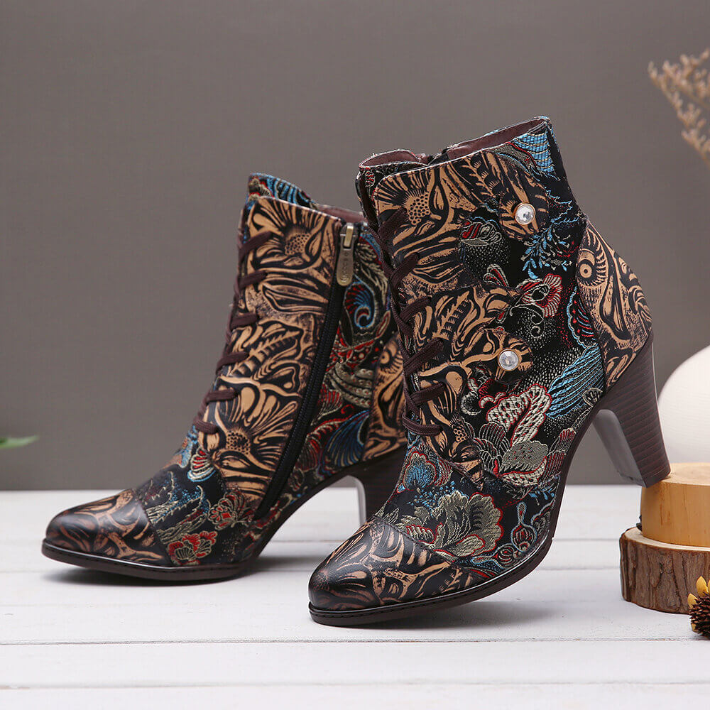 Embroidery Floral Handmade Genuine Leather Boots