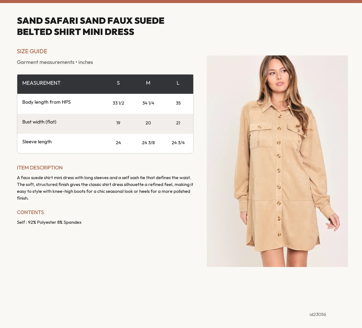 Size Chart: Sand Safari Faux Suede Belted Shirt Mini Dress