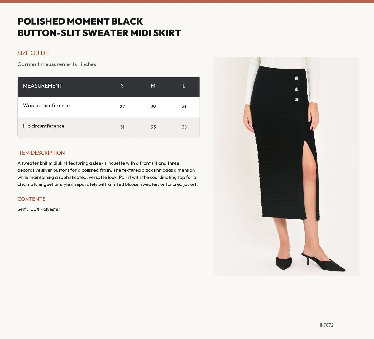 Size Chart: Polished Moment Jewel-Button Slit Sweater Midi Skirt