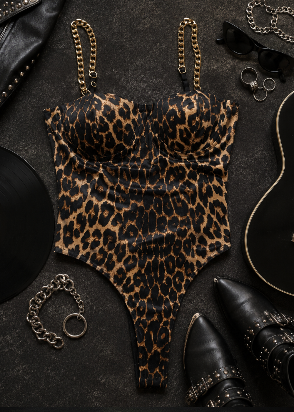 Leopard Print Bodysuit with Gold Chain Straps | Rock & Roll Bustier Top