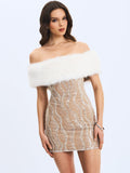 Averie White Fur Off-Shoulder Beige Sequin Mini Dress