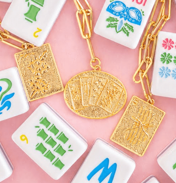 Mahjong Charm Tile Necklace- Paper Clip chain  - 18k Gold Plated