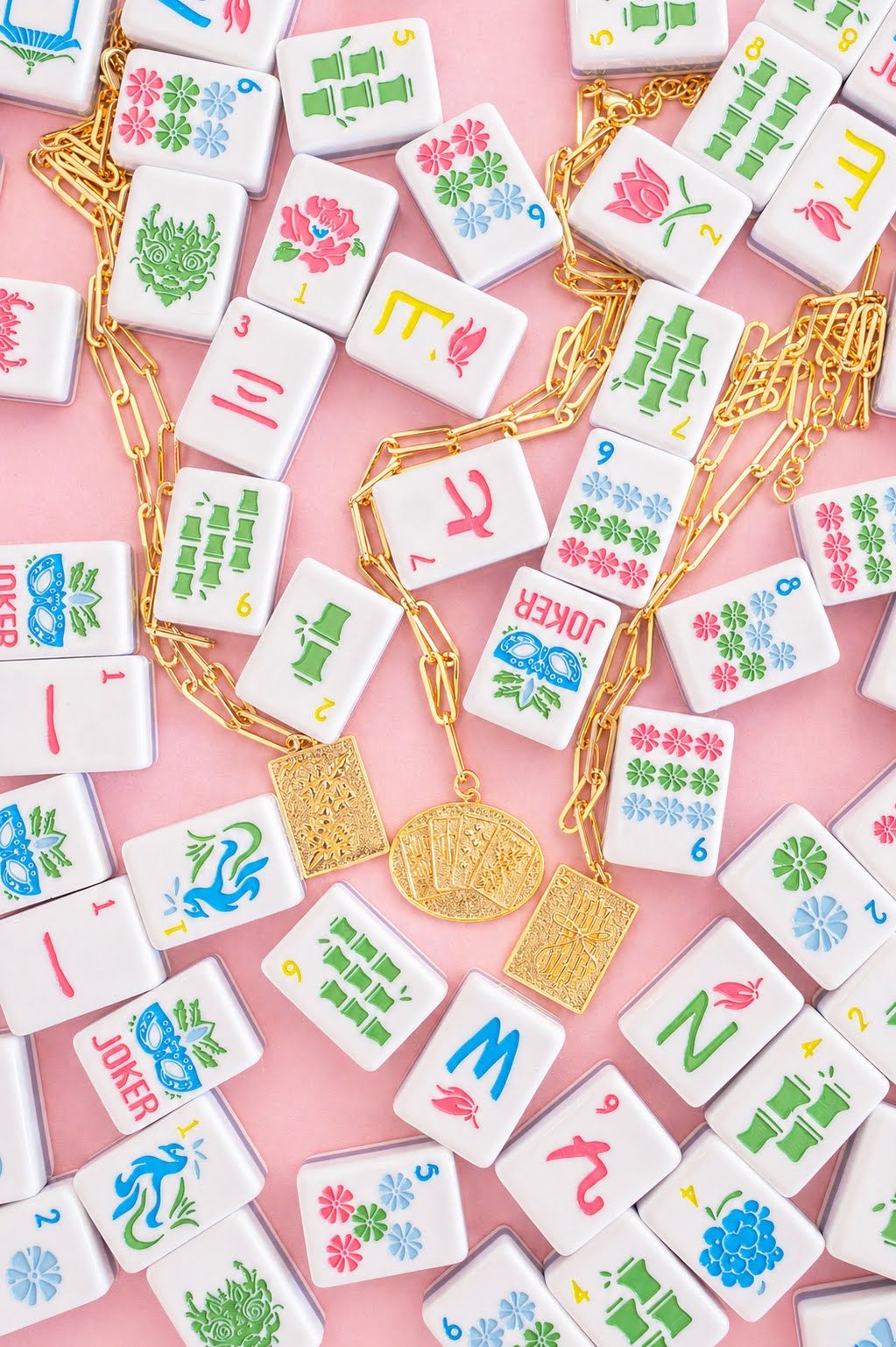 Mahjong Charm Tile Necklace- Paper Clip chain  - 18k Gold Plated