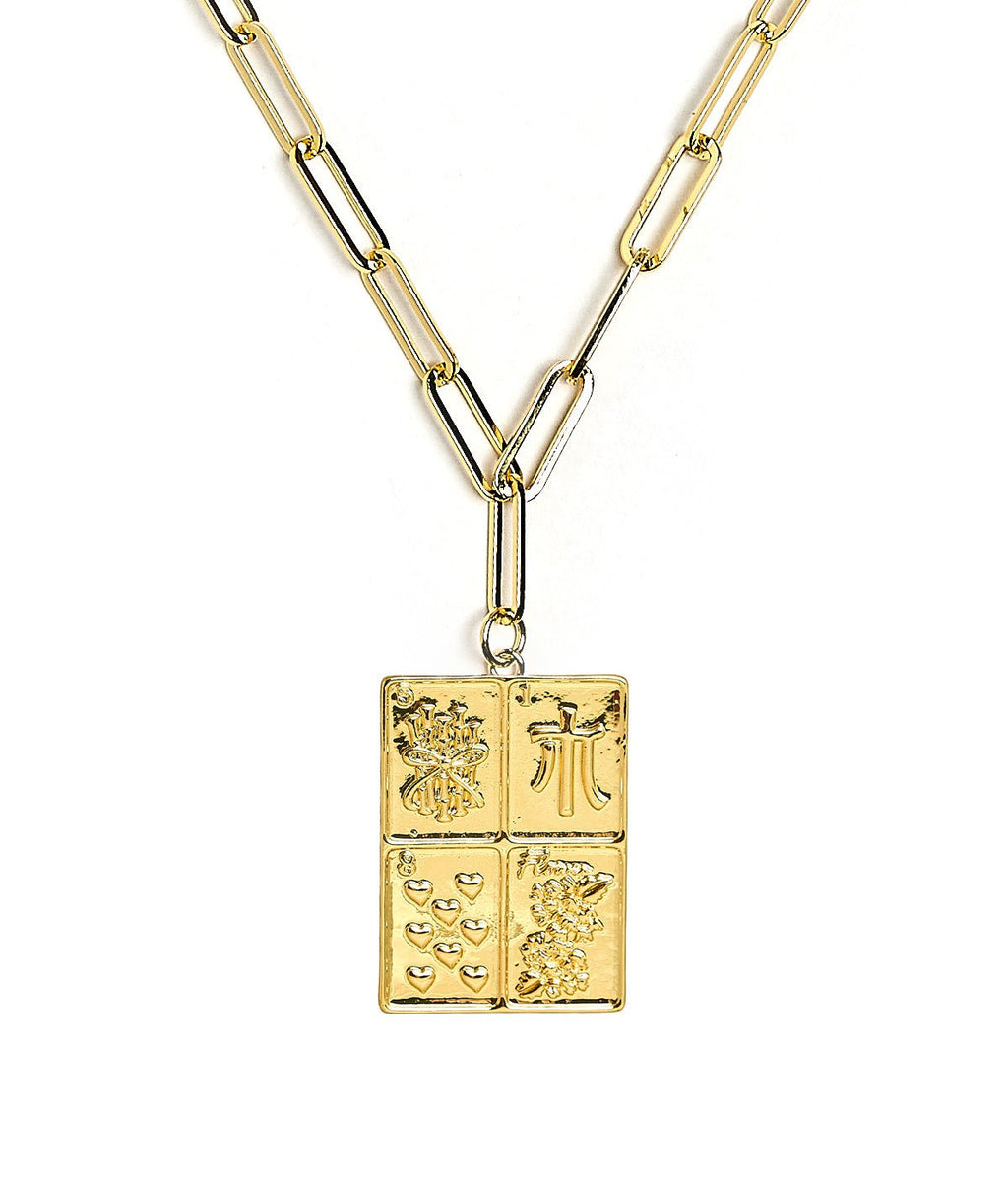 Mahjong Charm Tile Necklace- Paper Clip chain  - 18k Gold Plated