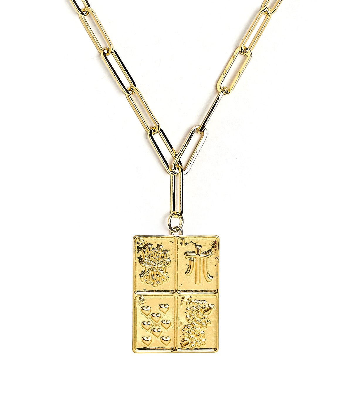 Mahjong Charm Tile Necklace- Paper Clip chain  - 18k Gold Plated