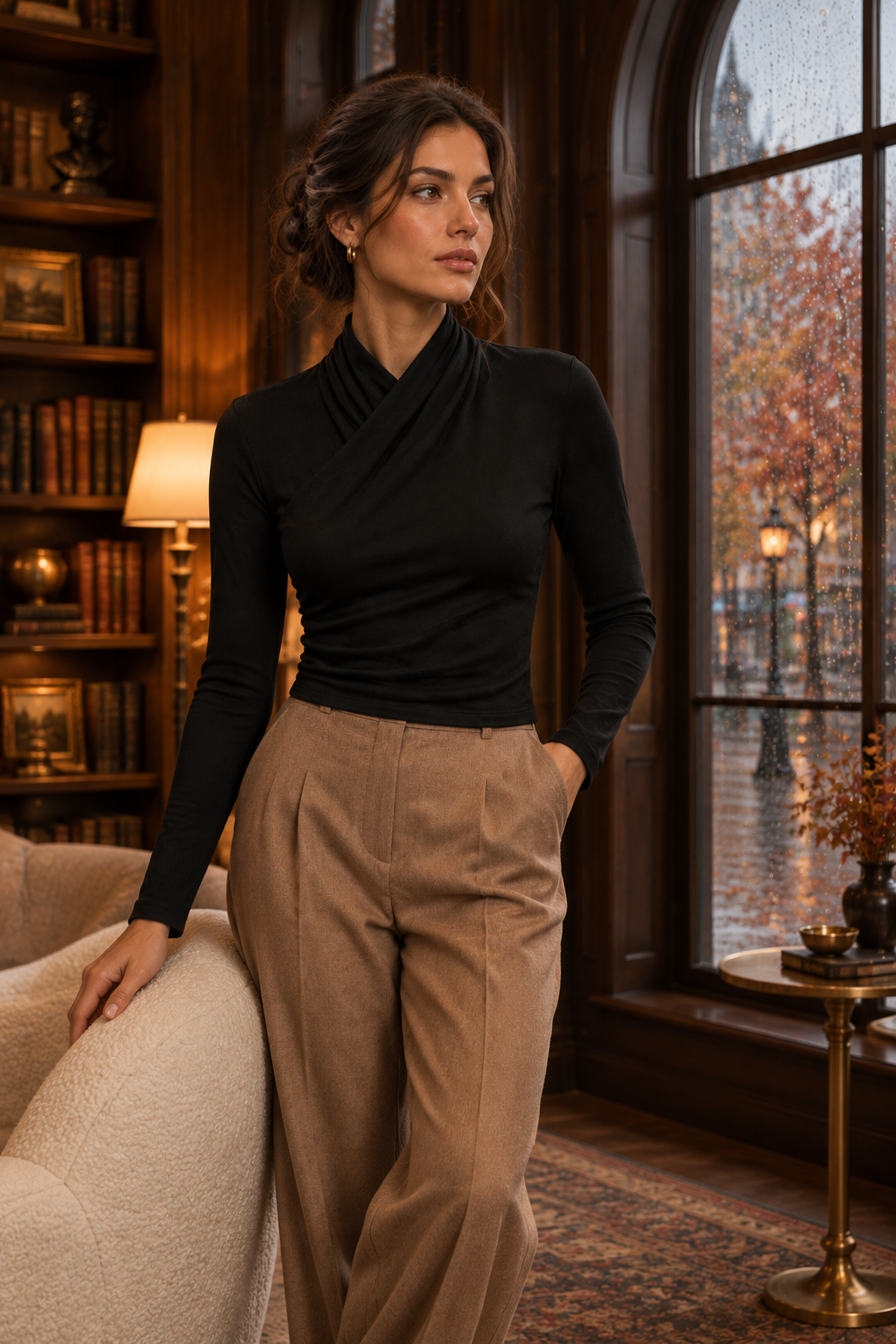 Model wearing the black top in a warm hotel library with rainy autumn scenery outside