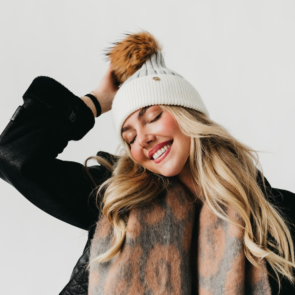 2 Tone Angora Knit Fur Pom Beanie