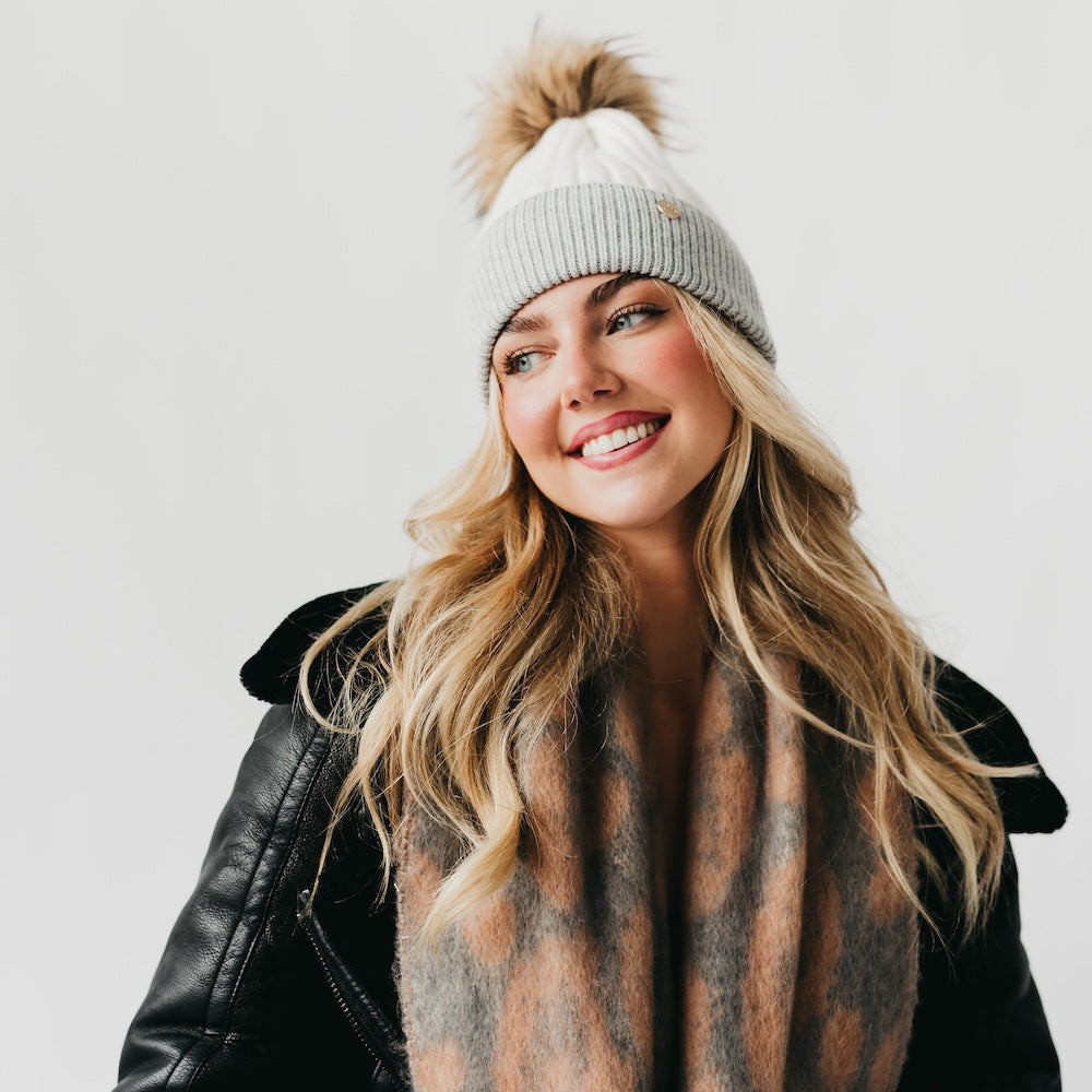 2 Tone Angora Knit Fur Pom Beanie