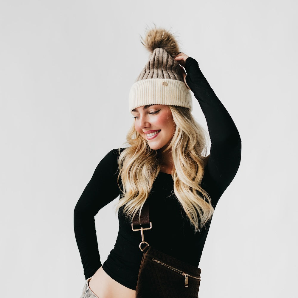 2 Tone Angora Knit Fur Pom Beanie